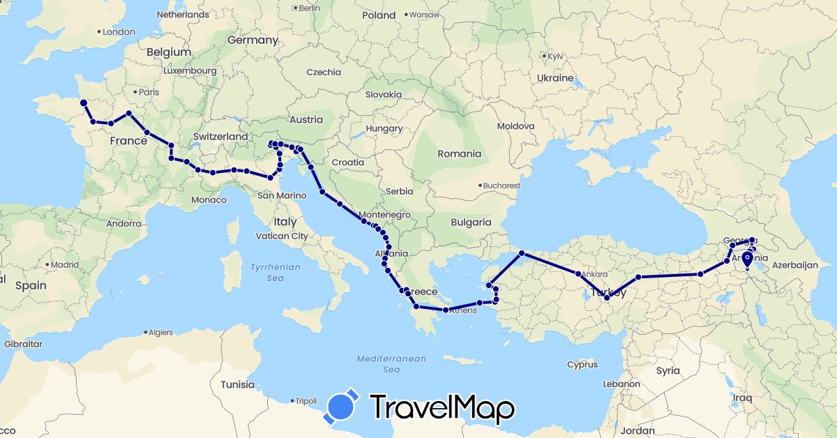 TravelMap itinerary: driving in Albania, Armenia, France, Georgia, Greece, Croatia, Italy, Montenegro, Slovenia, Turkey (Asia, Europe)